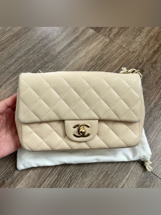 CHANEL Handbags - Chanel Rectangular Classic Mini Flap Bag Beige Lambskin Leather Gold Hardware